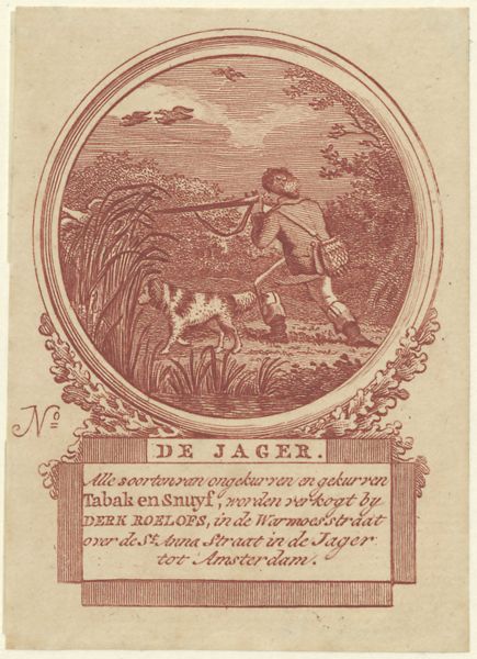 Unknown artist, De jager : Alle soorten van ongekurven en gekurven tabak en snuyf, worden verkogt by Derk Roelofs, in de Warmoesstraat over de St. Anna Straat in de Jager tot Amsterdam.