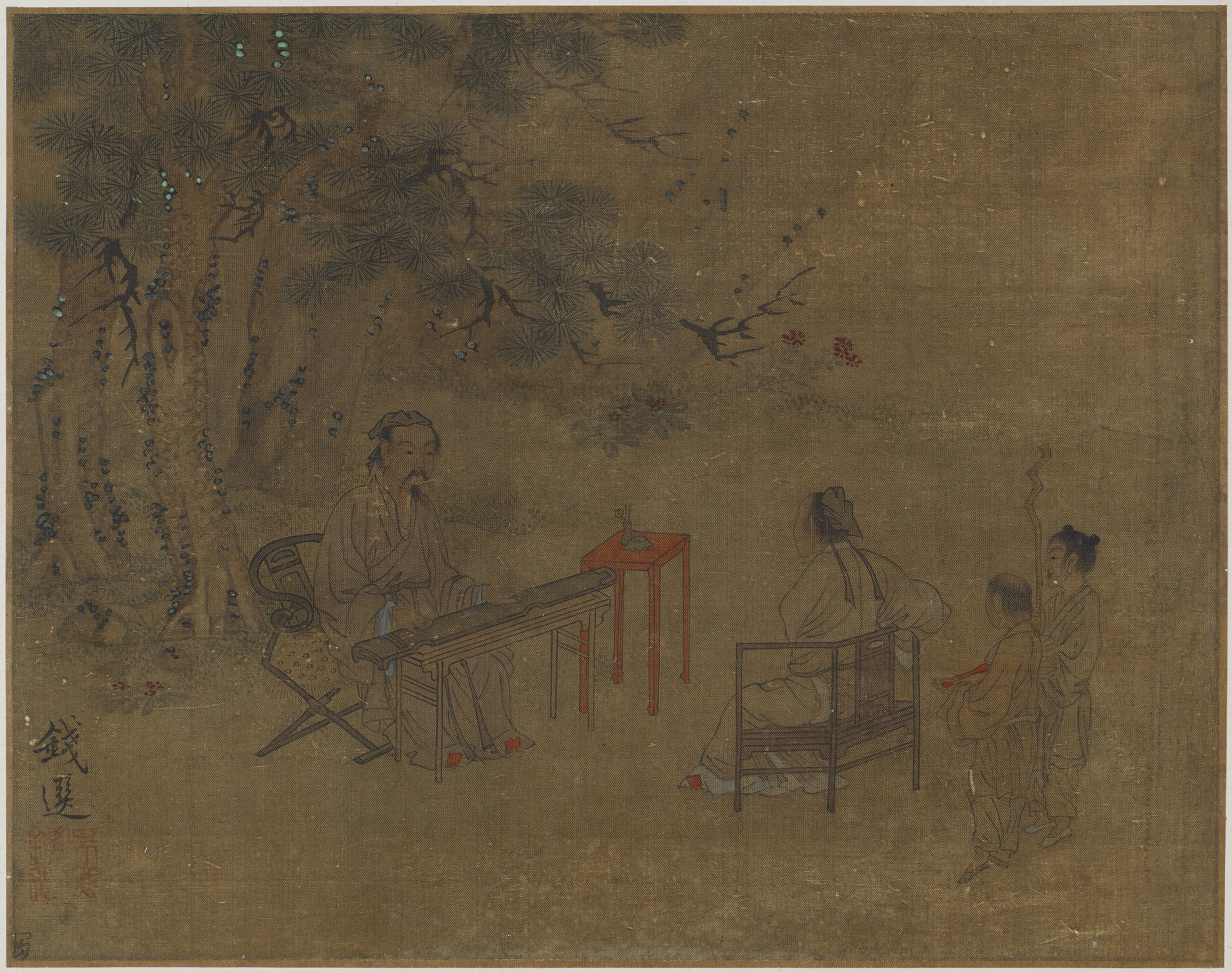 Formerly attributed to Qian Xuan, Playing the zither under pine trees