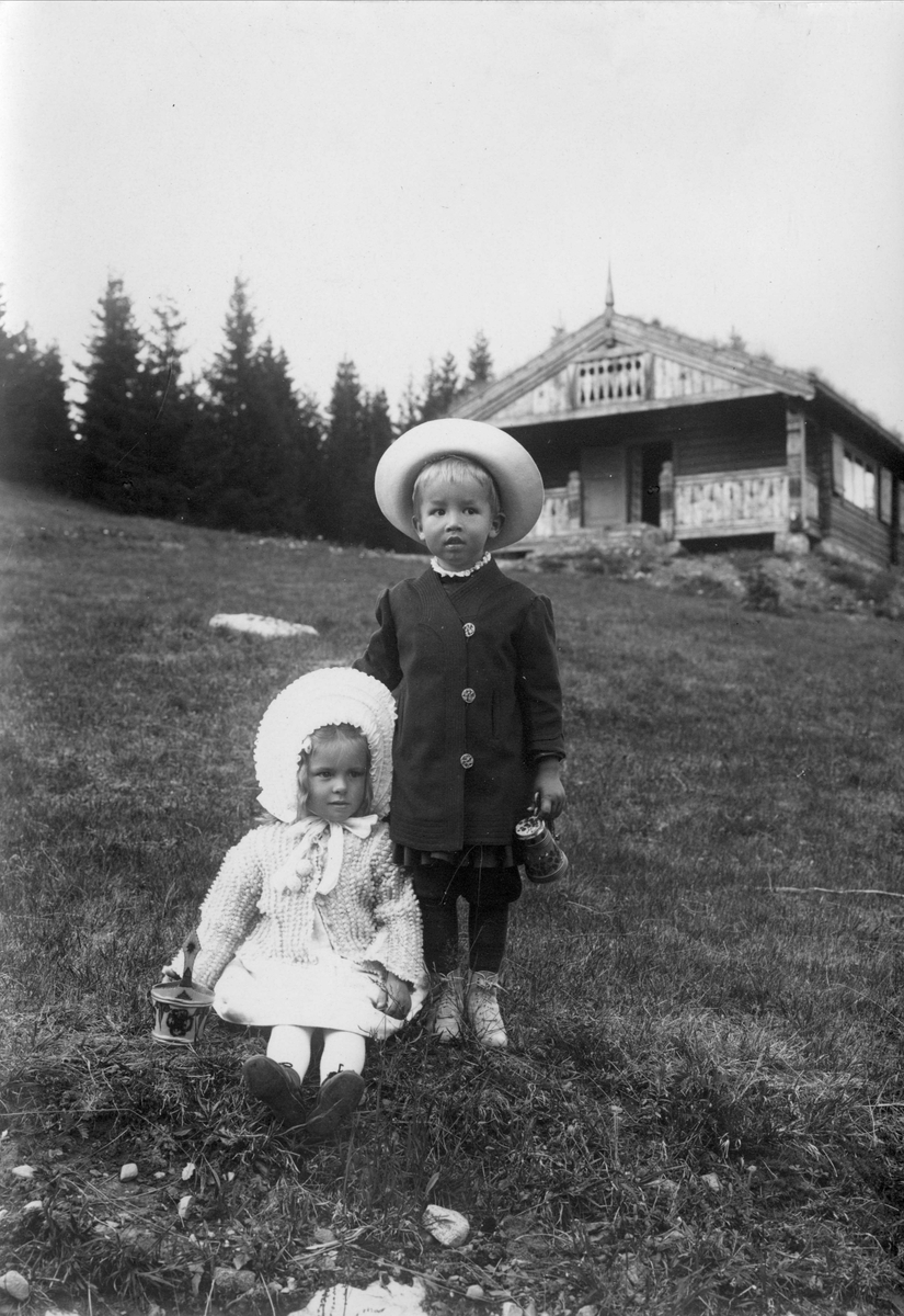 Robert Collett, Barn stående i helling, hus i bakgrunnen, ukjent sted. Serie tatt av Robert Collett (1842-1913), amatørfotograf og professor i zoologi.