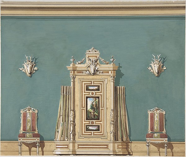 Anonymous, British, 19th century, Interior Design witha Gun Cabinet and Two Chairs against a Green Wall Adorned with Trophies