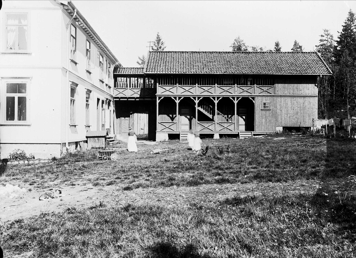 Axel Quinsgaard Wiborg, Gårdsplassen, Nedre Digerud, Frogn, Akershus, 1902. Margrethe med Pubben, Lillemor og Dudo.