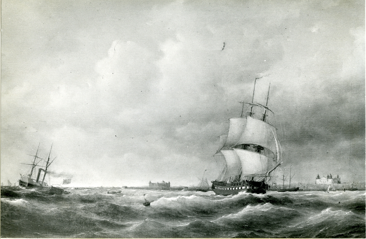 Okänd fotograf, Korvetten Norrköping i Kalmarsund. Oljemålning 1850. Storlek 104 x 166 cm.