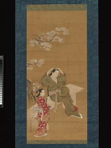 Miyagawa Chōshun, Woman Binding Her Hair and Attendant under Flowering Cherry Tree