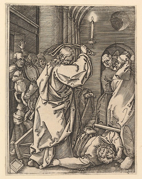 Marcantonio Raimondi, The Cleansing of the Temple; Christ driving the money-changers from the temple and raising a scourge over his left shoulder, as if to strike a man on the floor, from "The Passion of Christ"