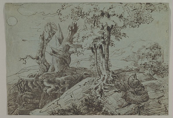 Ludwig Emil Grimm, Rugged Moonlit Landscape with a Woman Seated by Gnarled Tree Roots, and an Owl