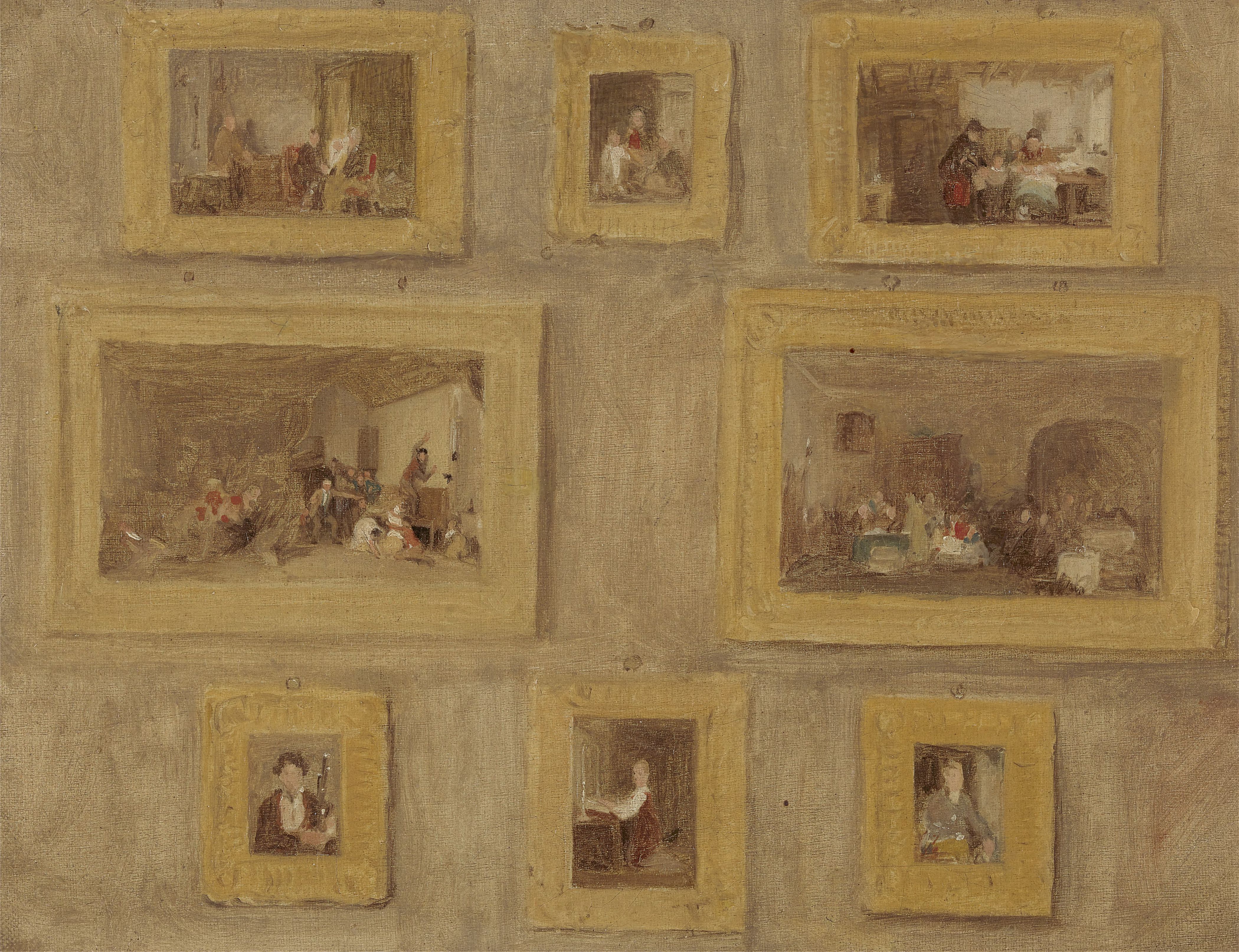 David Wilkie, The Only Child; The Jew's Harp; The Cut Finger; Blind Man's Buff; The Rent Day; The Scotch Piper; The Prieu-Dieu; and Self Portrait: A Sketch of the Eight Paintings Framed and Hanging on a Wall