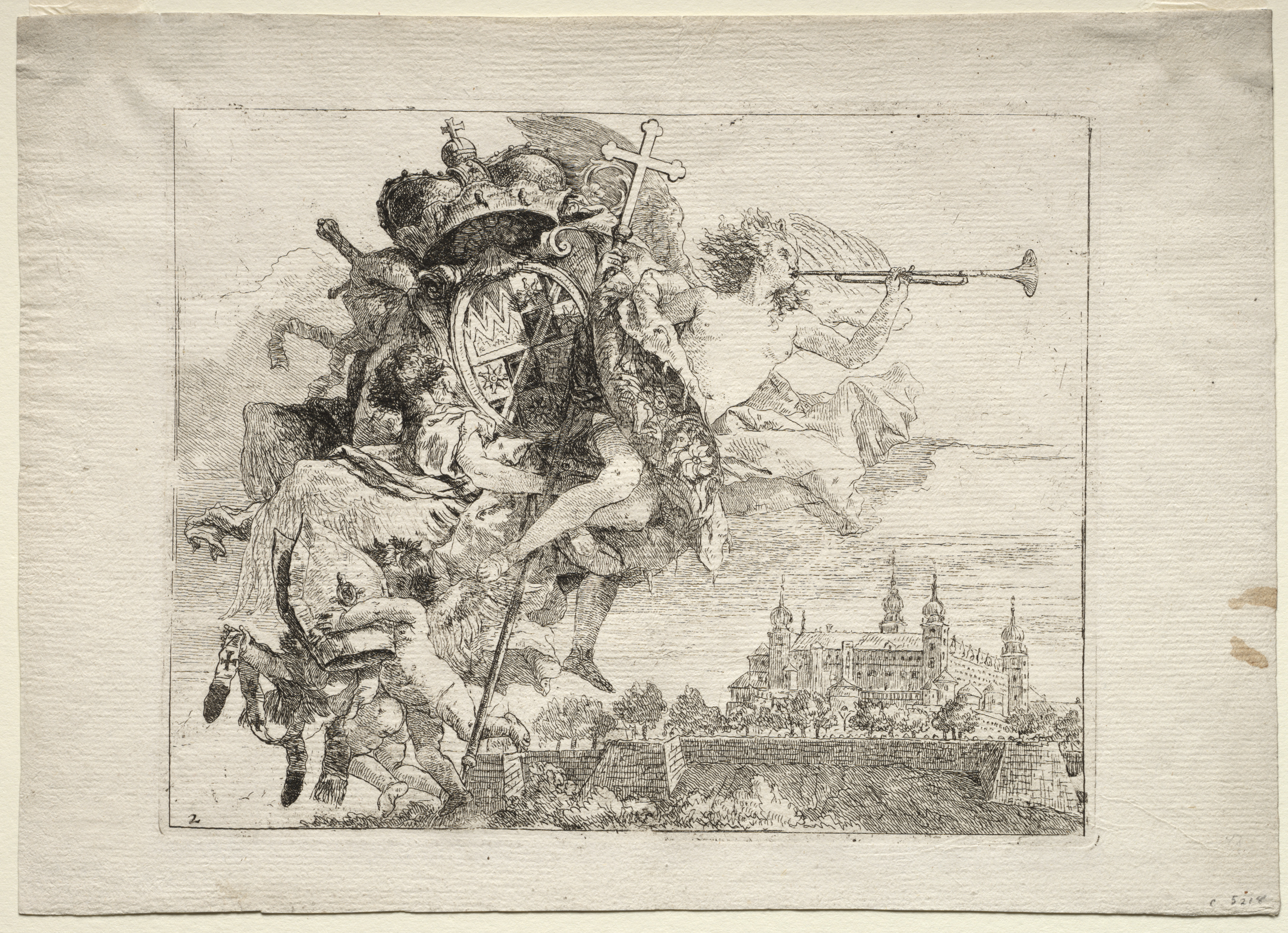 Giovanni Domenico Tiepolo, Flight into Egypt: Dedication with Winged Figure of Fame bearing the Arms of the Prince-Bishop of Wurzburg