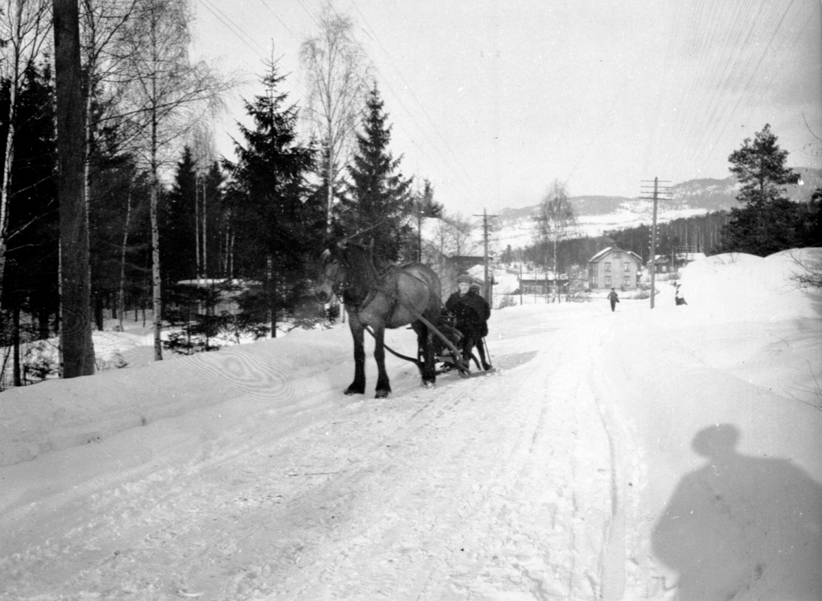 Anno Domkirkeodden, Herredsagronom Jørgen Hauger på slede med hesten "Borken" i storgata Moelv, Ringsaker. Vinter. Bildet er tatt i nordre del av Moelv, der Kafe Fønix ligger nå. Hauger brukte først hest, siden motorsykkel og til slutt bil til jobben som herredsagronom.
