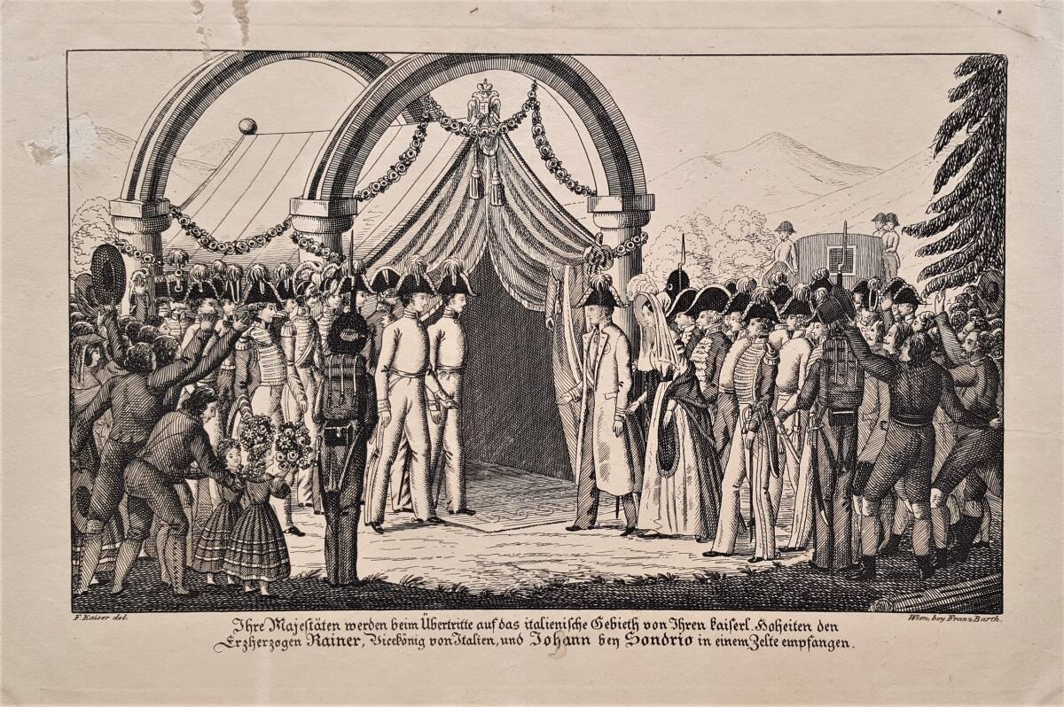 Anonym, Empfang des Kaiserpaares Ferdinand I. und Maria Anna durch die Erzherzöge Rainer und Johann bei Sondrio 1838