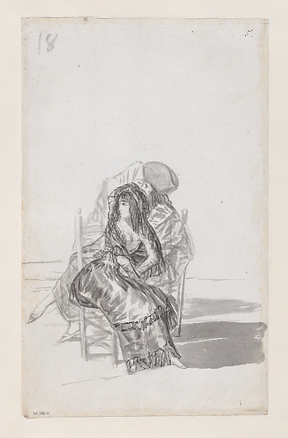 Goya (Francisco de Goya y Lucientes), Maja seated on a chair and two companions behind; folio 18 (verso) from the Madrid Album "B"