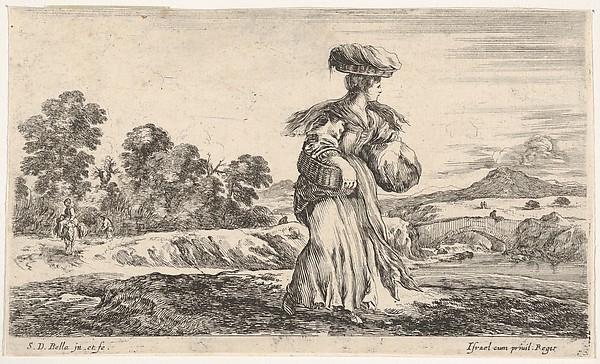 Stefano della Bella, A peasant woman, standing in center facing right, carrying one basket on her head and another in her right arm, another peasant woman on a donkey and a figure on foot to left in the background, from "Various figures and lands" (Diverse figure e paesi)