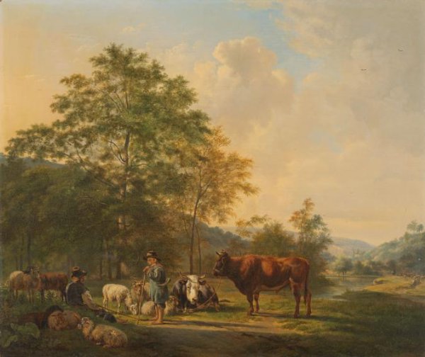 Pieter Gerardus van Os, Hilly Landscape with Shepherd, Drover and Cattle
