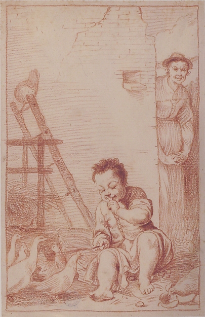 Giuseppe Maria Crespi, Marcolfa Discovers BertoldinoTrying to Hatch Eggs (recto); Sketch of Bertoldino (verso)