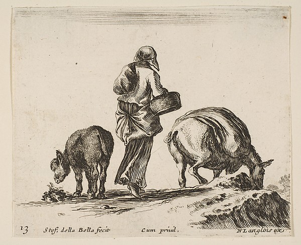 Stefano della Bella, A peasant woman, seen from the back, holding a basket in center, a donkey to left and a horse with a pack on its back to right, plate 13 from "Diversi capricci"