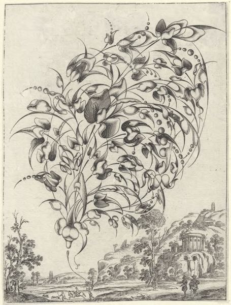 Moncornet, Balthasar, (approximately 1600-1668), (printmaker), Stylized bouquets in landscapes: A bouquet in a landscape with a temple and figures