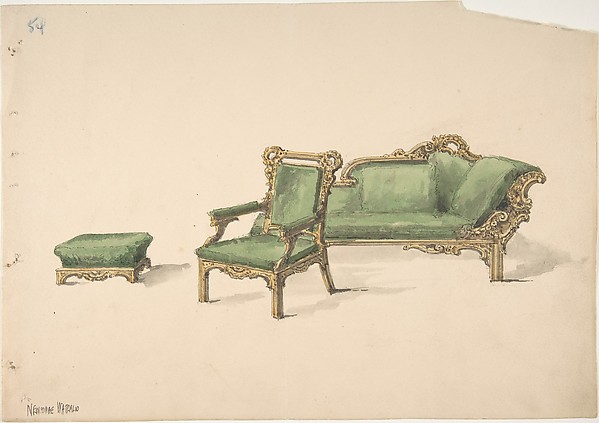 Anonymous, British, 19th century, Design for a Gilded Settee, Arm Chair and Footstool with Green Upholstery