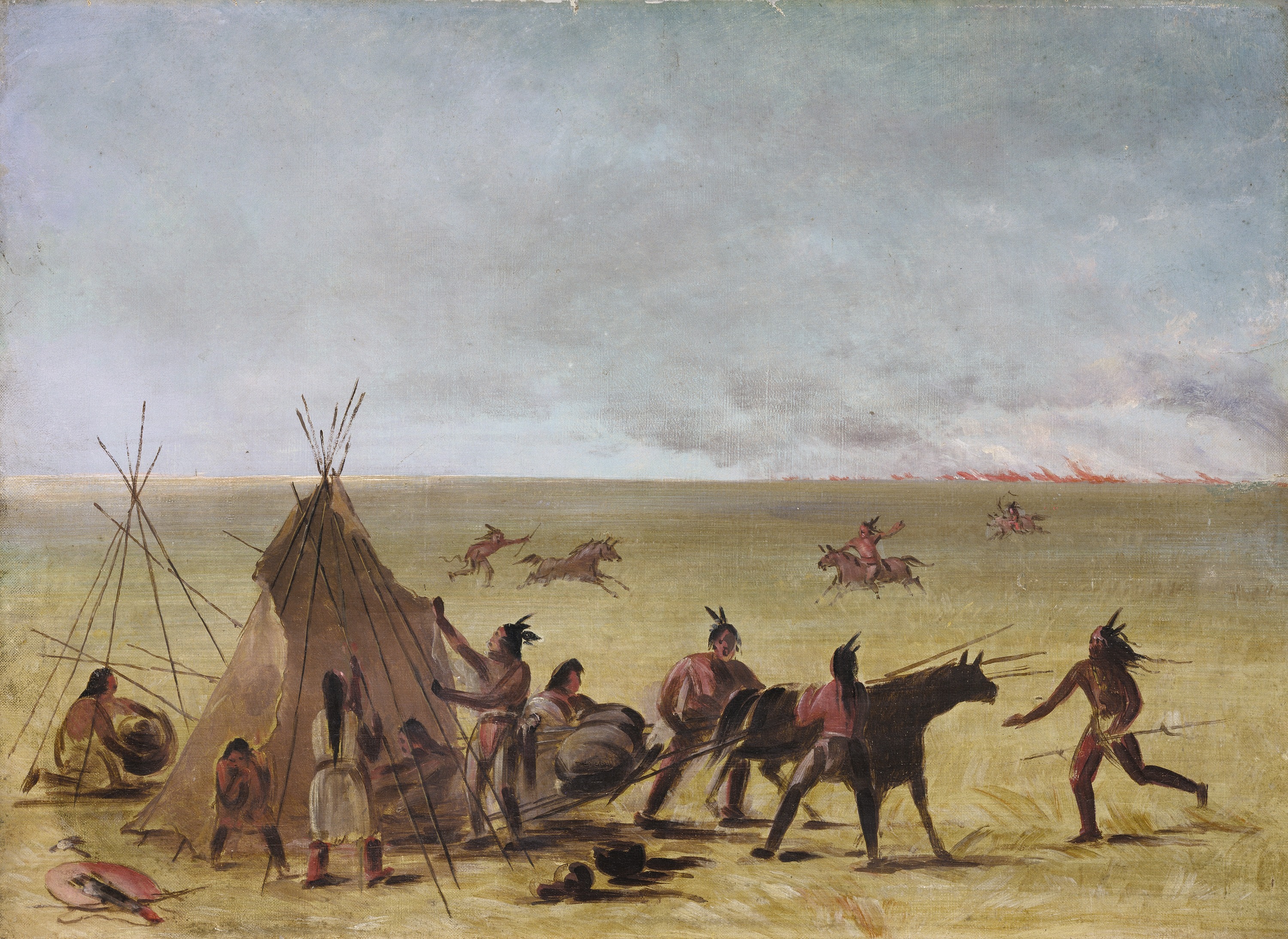 George Catlin, Indian Family Alarmed at the Approach of a Prairie Fire