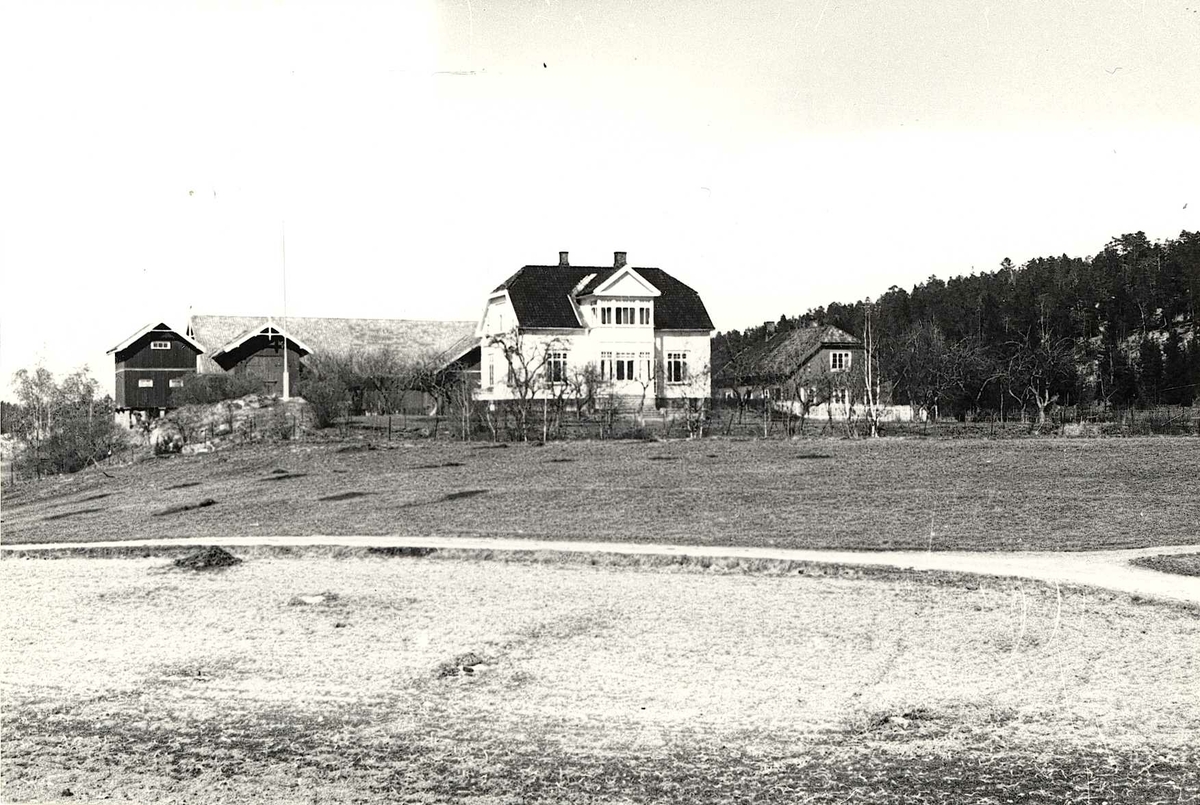 Anders Beer Wilse, Holm gård på Holmlia i Oslo, Østre Aker. Hus og jorder med vei fotografert av Wilse i 1941.