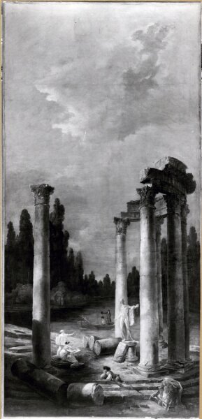 Hubert Robert, Antikt rundtempel i ruiner med Apollo di Belvedere