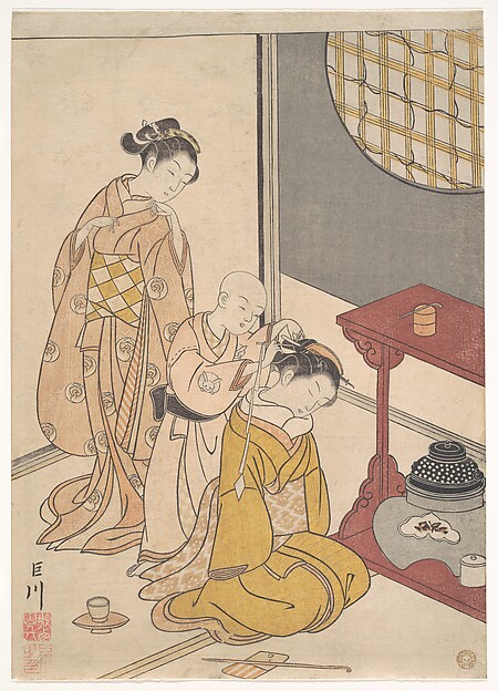 Suzuki Harunobu, Night Rain at the Double-Shelf Stand, from the series Eight Parlor Views (Zashiki hakkei)
