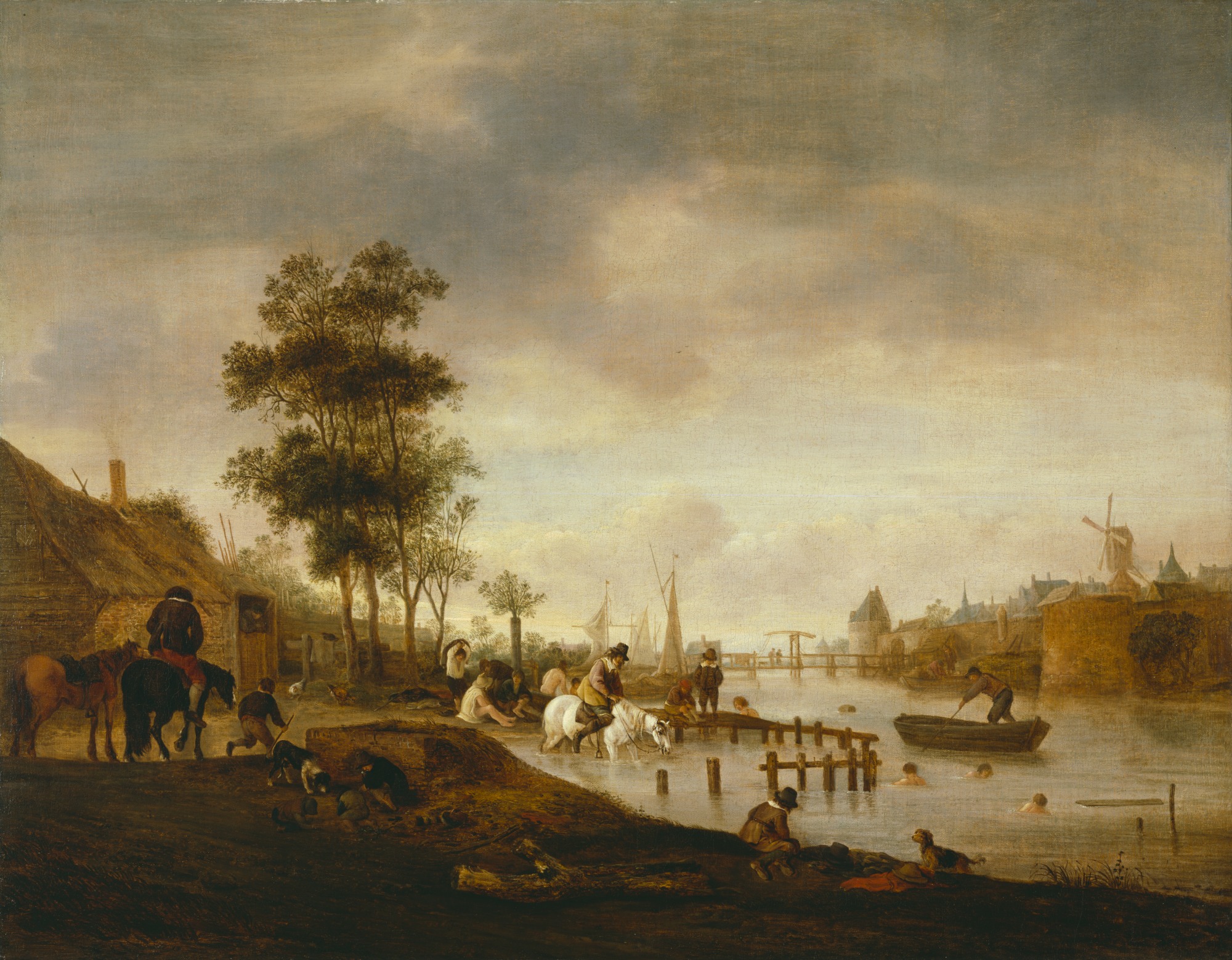 Isaac van Ostade, River Landscape with Swimmers