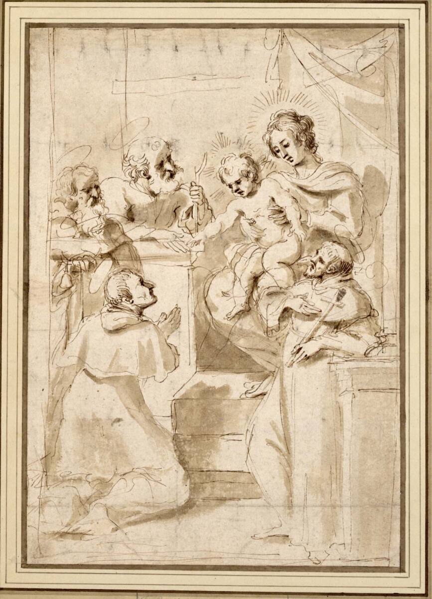Anonym, Maria mit Kind, von den Heiligen Franziskus, Antonius Abbas, Joseph und Karl Borromäus verehrt