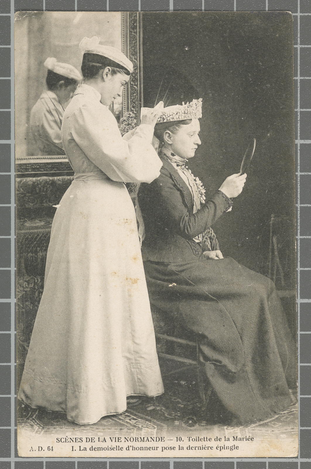 Desconegut, Scènes de la vie normande - 10. Toilette de la Mariée. I. La demoiselle d'honneur pose la dernière épingle