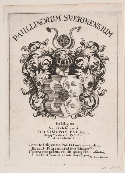 Albert Haelwegh, Simon Paullis våbenskjold. Illustration til Simon Paulli, "Quadripartitum Botanicum", 1667