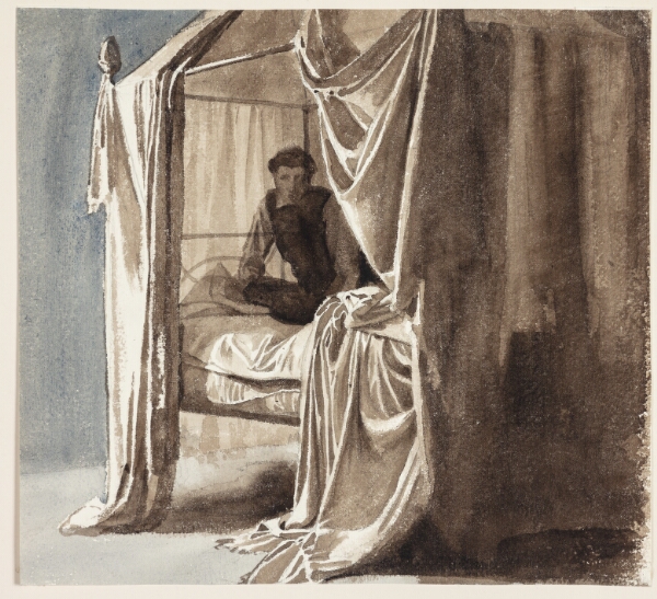 Carl Bloch, En seng med omhæng. Studie til billedet "Niels Ebbesen og Grev Gert" udstillet 1868
