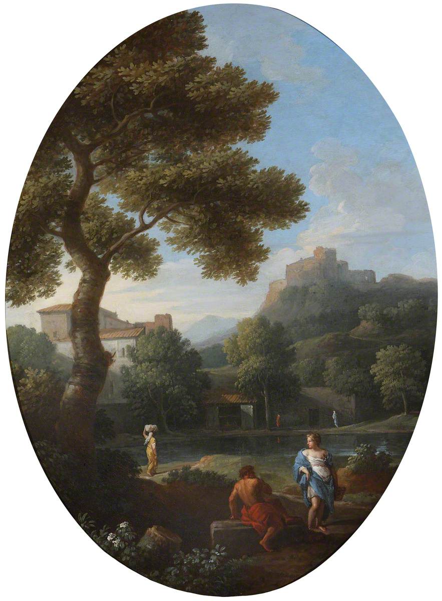 Jan Frans van Bloemen, A Classical Landscape with a Man and a Woman conversing and a Distant Hill Town and Castle