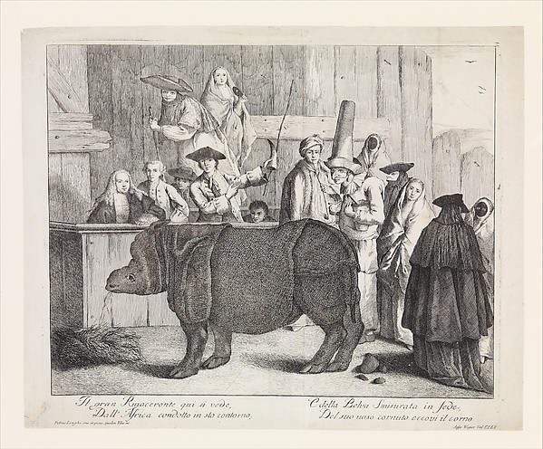 Alessandro Longhi, The Rhinoceros, Clara, in the foreground, her keeper holding her horn and a whip behind her at center with various other spectators in Carnival masks