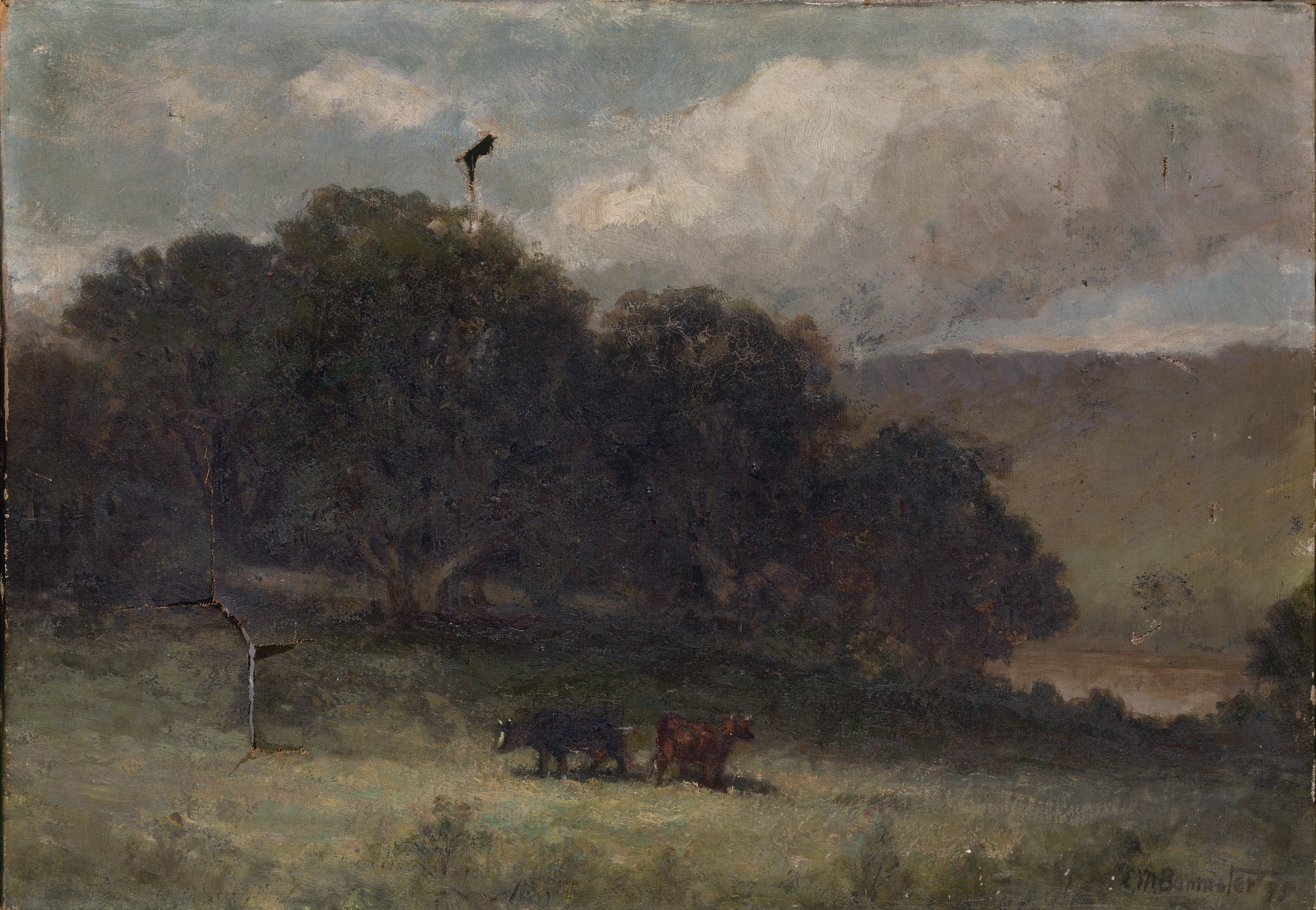 Edward Mitchell Bannister, Untitled (landscape with trees and two cows in meadow)
