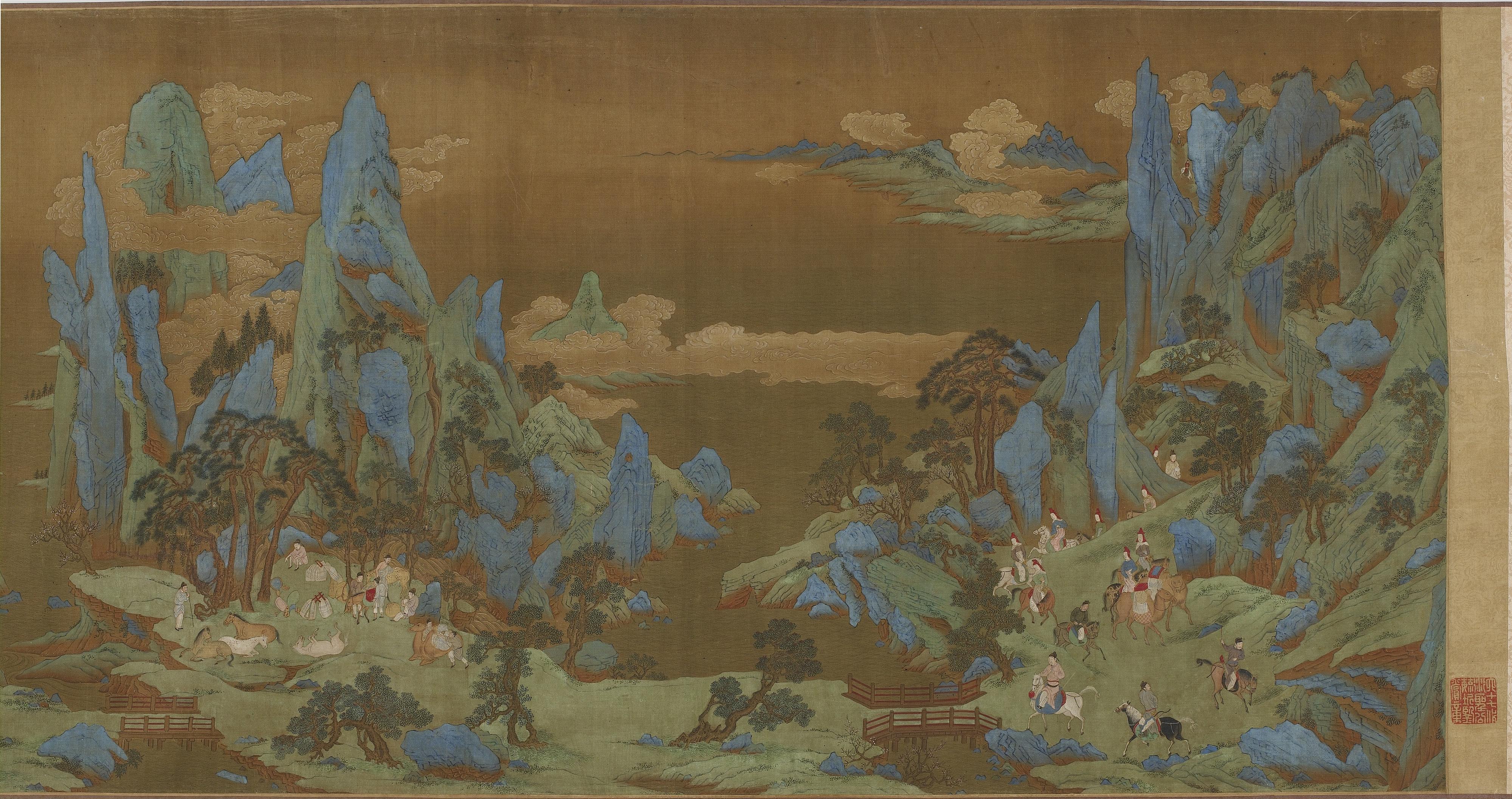Formerly attributed to Qiu Ying, Travelers on the road to Shu