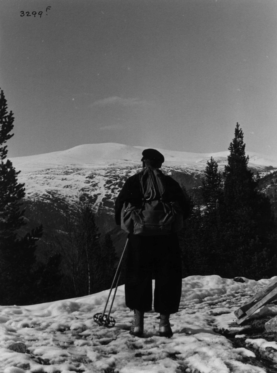 Anders Beer Wilse, Skiløper ved Visdalen i Jotunheimen. Utsikt mot fjell.