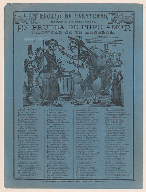 José Guadalupe Posada, In proof of true love, a watercarrier skeleton arguing with a woman (Posada); two skeleton angels in upper corners (Manilla)