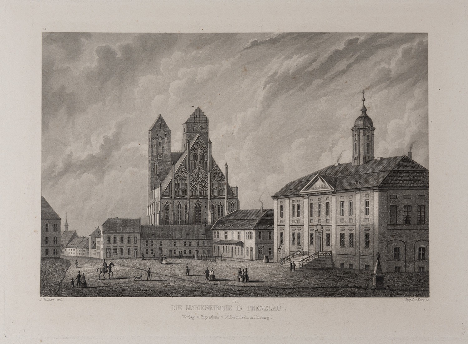 B. S. Berendsohn (Hamburg), Prenzlau: Marktplatz mit Rathaus, Marienkirche (Brandenburgisches Album, Blatt 57)
