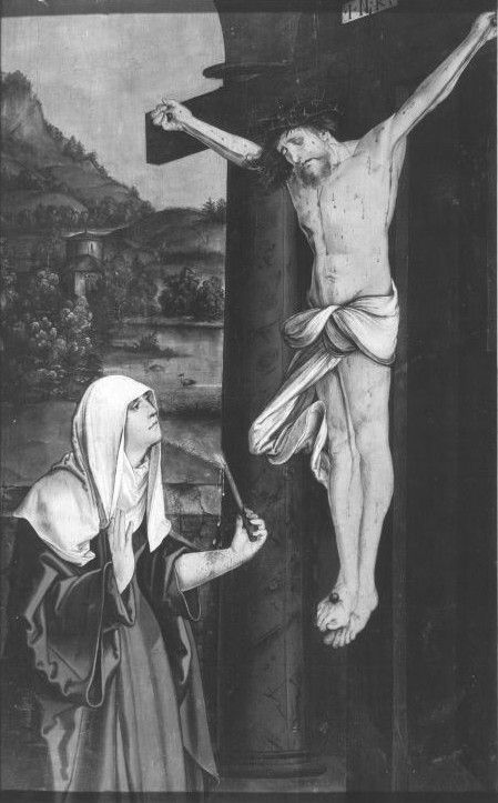 Hans Leonhard Schäufelein, Maihinger Altar: Hl. Birgitta von Schweden vor dem Kruzifixus Rückseite: Stammbaum der Ordensstifter nach der Regel des hl. Augustinus