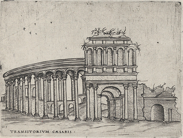Anonymous, Italian, 16th century, Transitorium Caesaris [formerly Teatrum Bordeos], from a series depicting (reconstructed) buildings from Roman antiquity