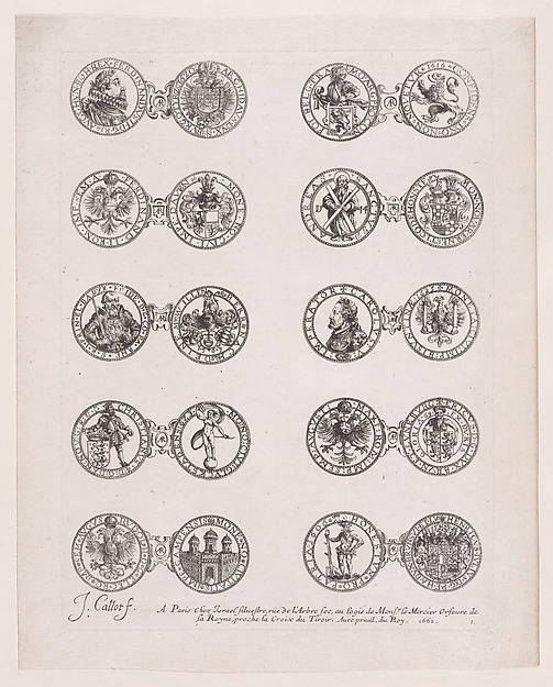 Jacques Callot, Plate 1, Featuring 10 Coins Issued by European Princes in the 16th and 17th centuries, from "Les Monnaies" (The Currencies)