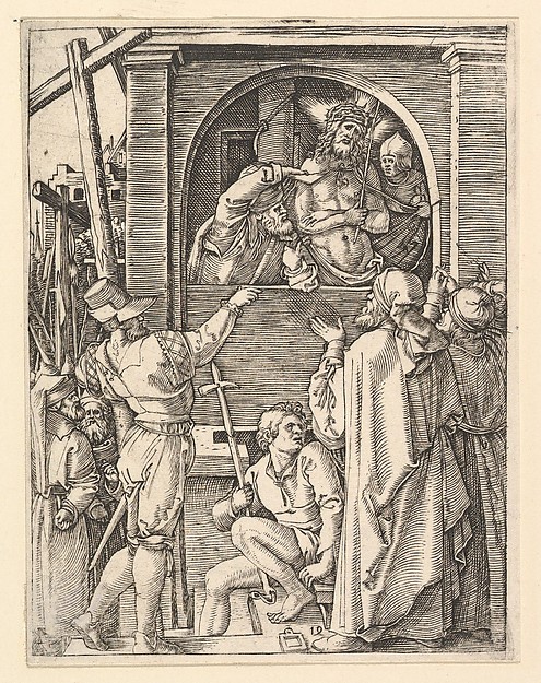 Marcantonio Raimondi, Ecce Homo: Christ wearing the crown of thorns standing in a loggia presented to a crowd, from "The Passion of Christ", after Dürer