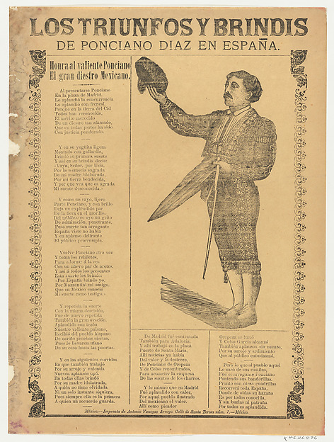 José Guadalupe Posada, Broadsheet relating to the triumphs of the bullfighter Ponciano Diaz in Spain, a corrido (ballad) in the bottom section