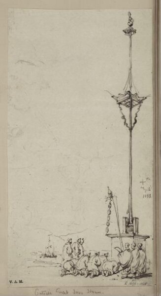 George Chinnery, Kneeling figues by a temple mast, Macau