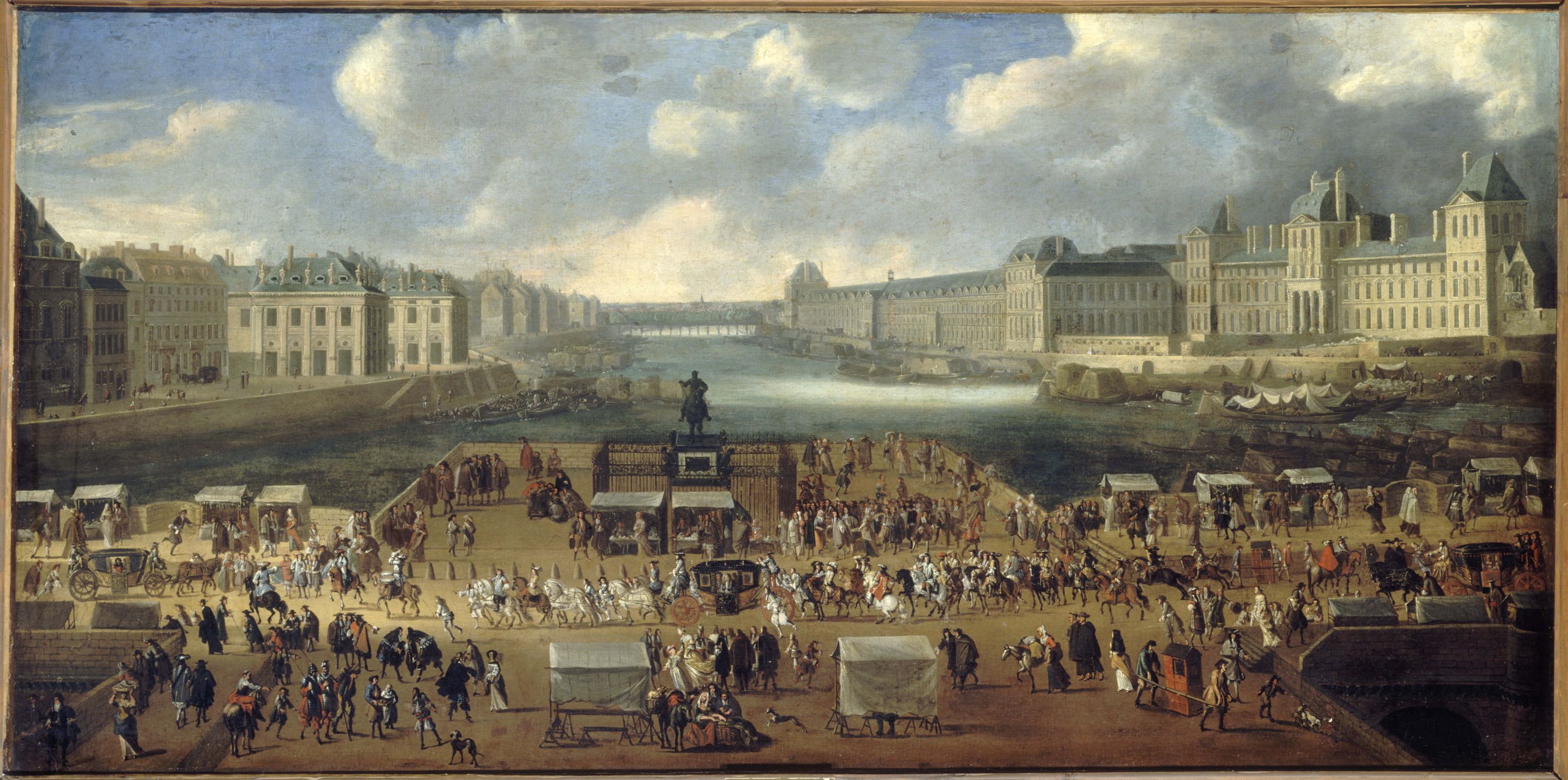 Anonyme, Passage d'un cortège sur le Pont-Neuf, vu de l'entrée de la place Dauphine, le quai Malaquais avec le collège des Quatre-Nations, la Grande Galerie, actuels 1er et 6ème arrondissements.
