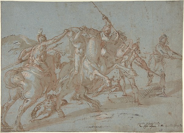 Bartholomeus Spranger, Classical Battle Scene; Verso: Peter and John Heal a Cripple at the Gate of the Temple