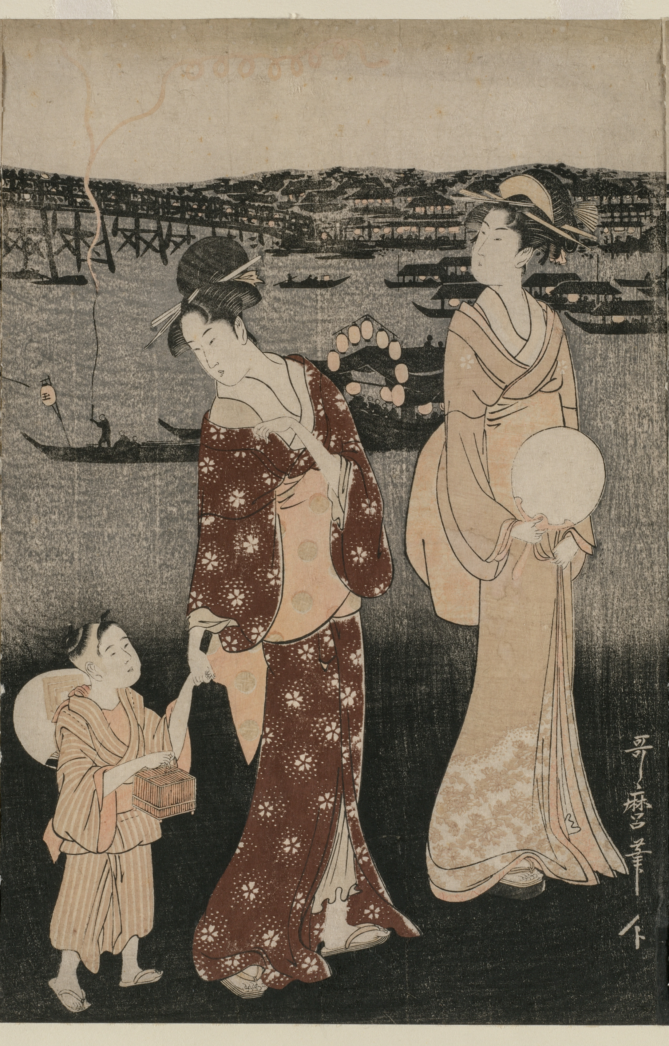 Kitagawa Utamaro, Women Enjoying the Evening Cool Near Ryogoku Bridge