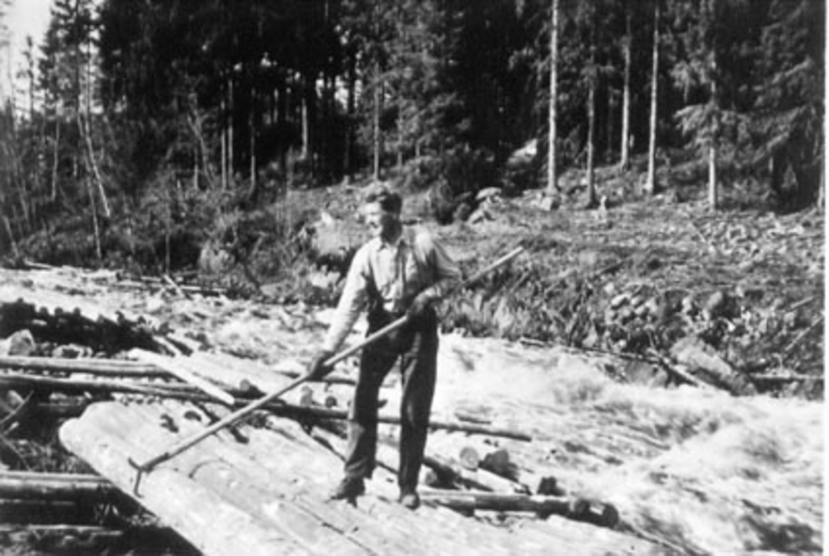 Anno Domkirkeodden, TØMMERFLØTER OLE STENSRUD MED TØMMERHAKE, ELV, GAUKÅA, STANGE ALLMENNING