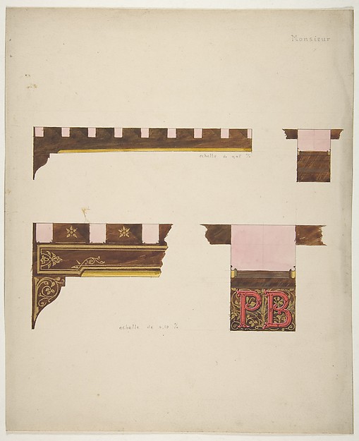 Jules-Edmond-Charles Lachaise, Designs for the painted decoration of ceiling timbers monogrammed "PB"