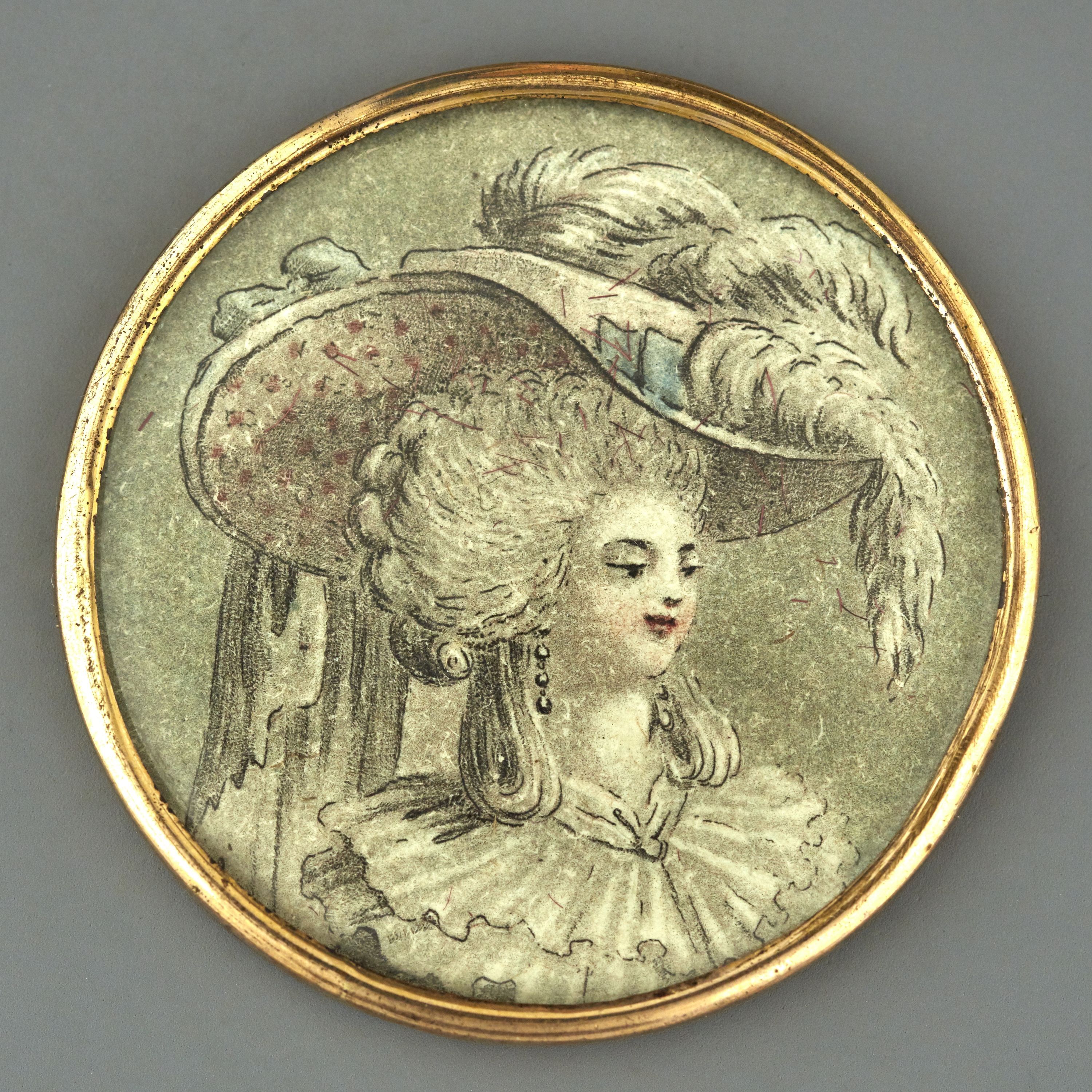 Anonyme, Bouton, dessin gravé par Janinet, aquatinte : portrait femme avec coiffure fin XVIIIe s.