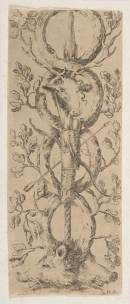 Stefano della Bella, Heads of a Stag and Two Boars in Rinceaux of Oak Branches