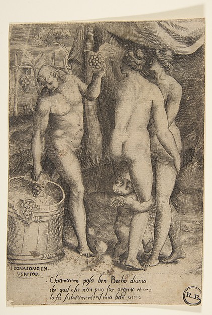 Giulio Bonasone, Bacchus at left giving grapes to women, from "The Loves of the Gods"